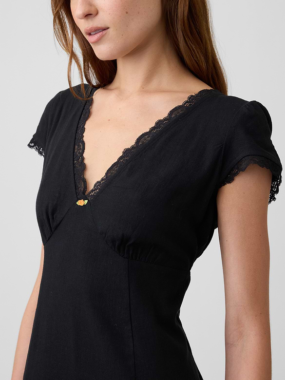 Linen-Blend Lace-Trim Midi Dress