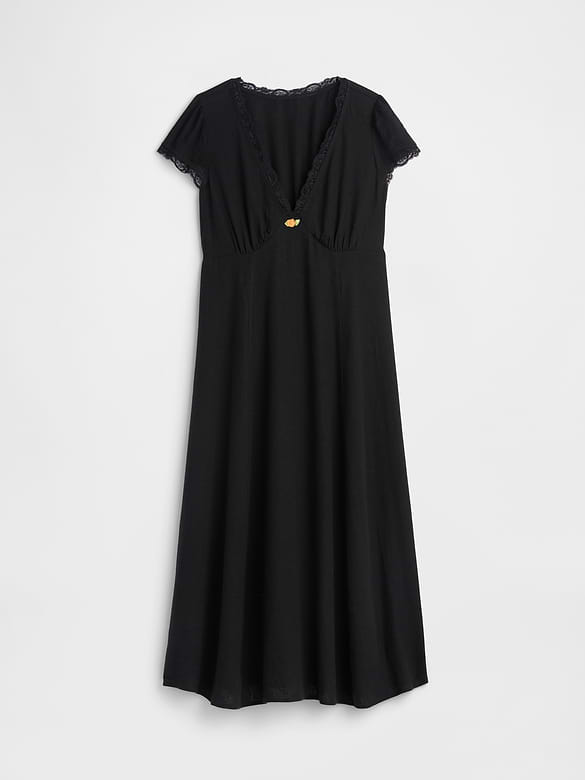 Linen-Blend Lace-Trim Midi Dress