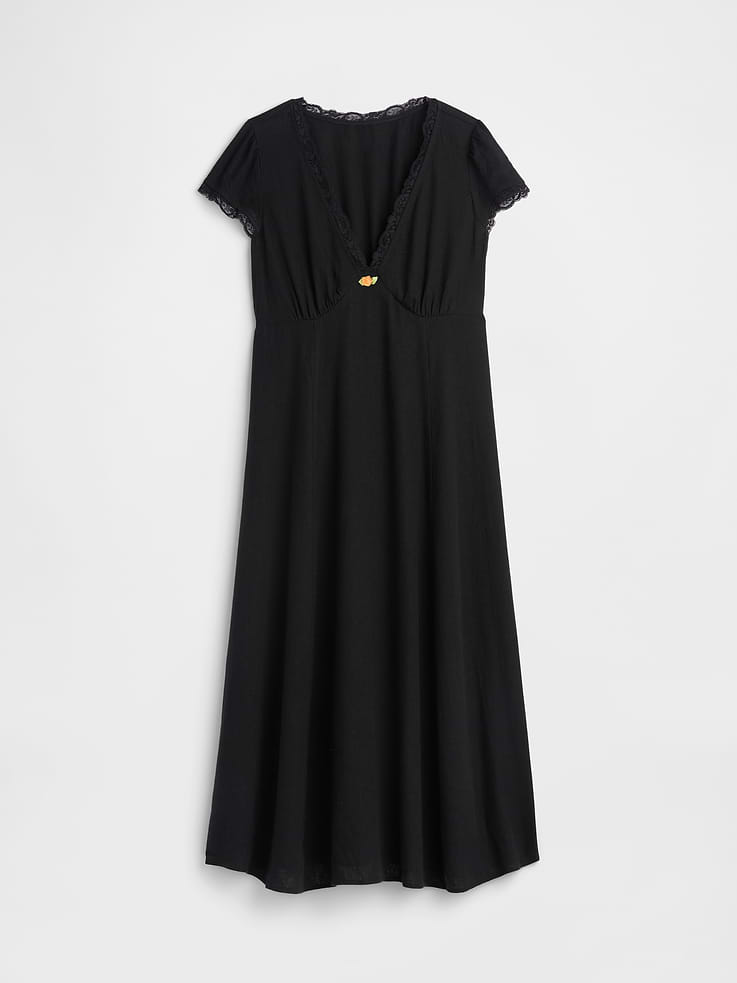 Image 6 of 6, Linen-Blend Lace-Trim Midi Dress