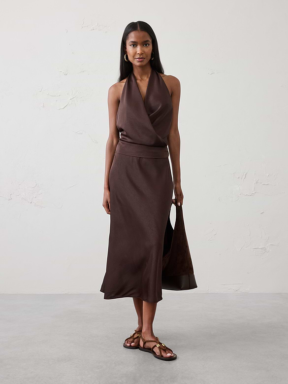 Crushed Satin Midi Slip Skirt