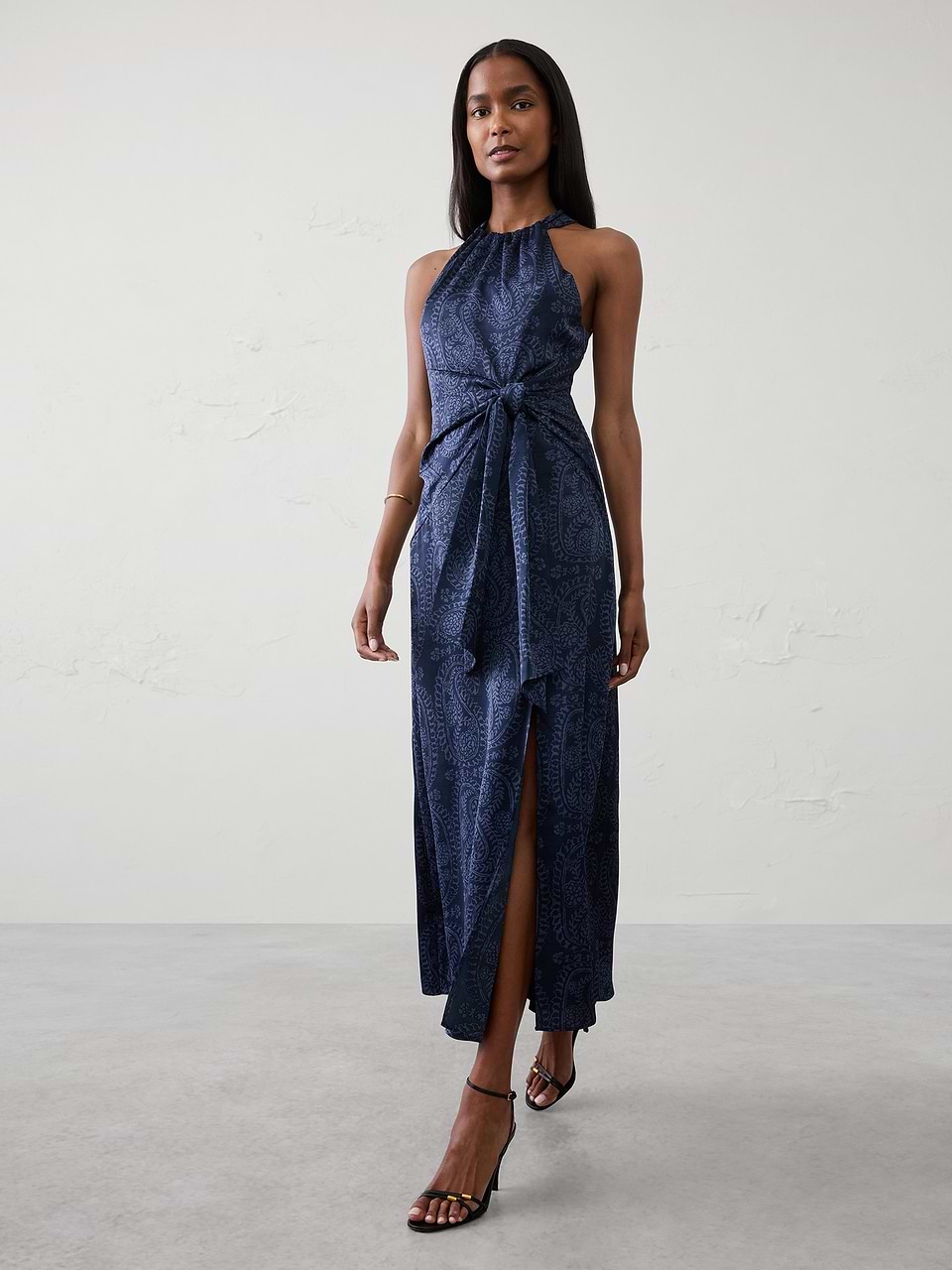 Satin Halter Tie-Waist Maxi Dress