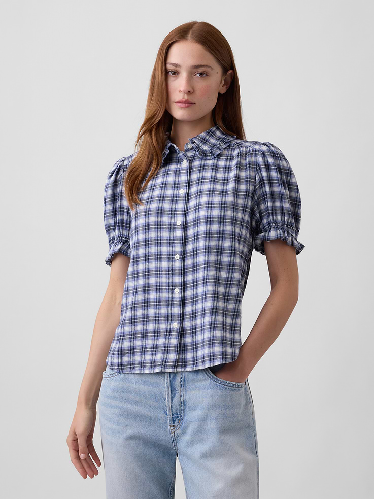 Image 1 of 5, Smooth flannel weave., Short puff sleeves with elasticized cuffs., Ruffle trim at spread collar, button front., Select styles have allover plaid., Product #1178550