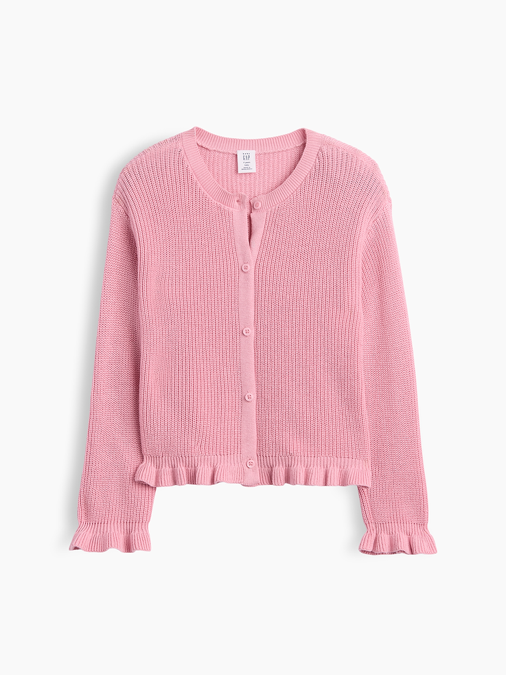 Image 1 of 4, Soft cotton knit., Dropped shoulder, long sleeves with ruffle cuffs., Ribbed crewneck, button front., Ruffle trim at ribbed hem., Product #1177878