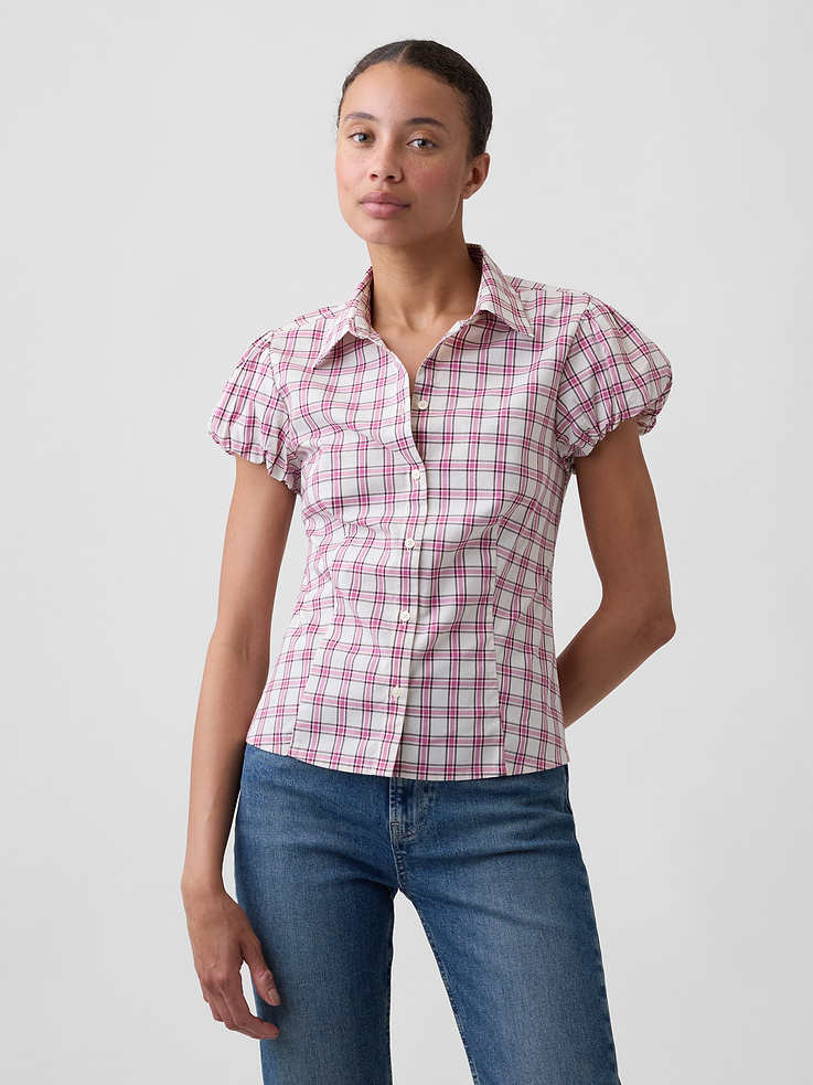 Image 1 of 5, Stretch poplin weave., Short puff sleeves with elasticized cuffs., Spread collar, button front., Select styles have allover print or stripes., Product #1178541