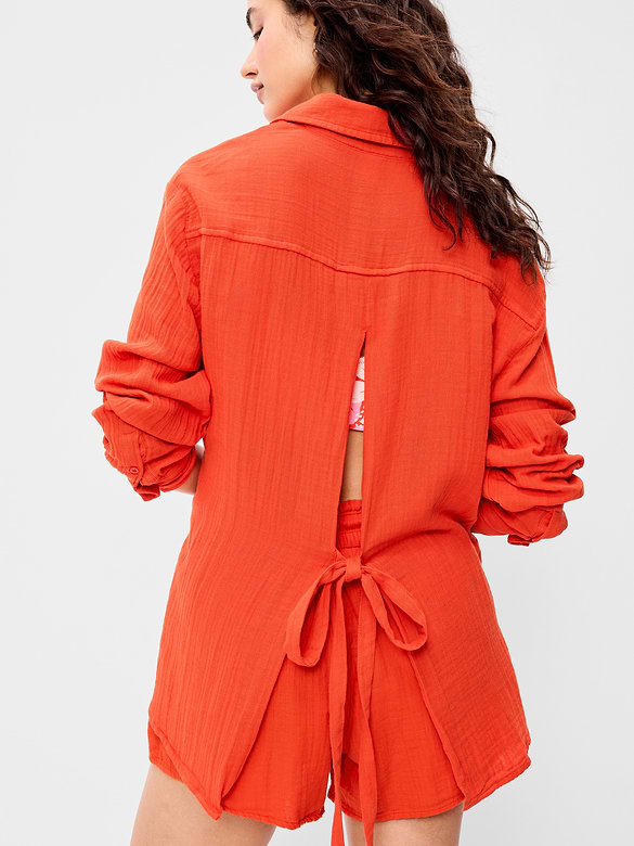 Open-Back Crinkle Gauze Button-Down Shirt