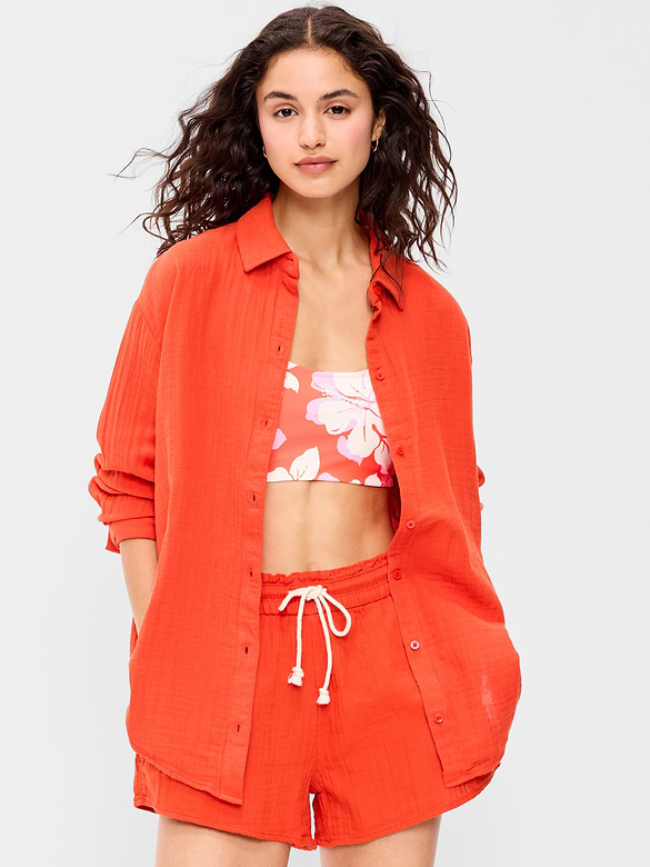 Open-Back Crinkle Gauze Button-Down Shirt