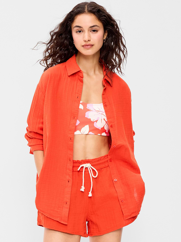 Image number 3 showing, Open-Back Crinkle Gauze Button-Down Shirt