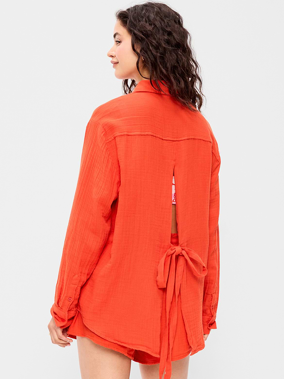 Open-Back Crinkle Gauze Button-Down Shirt