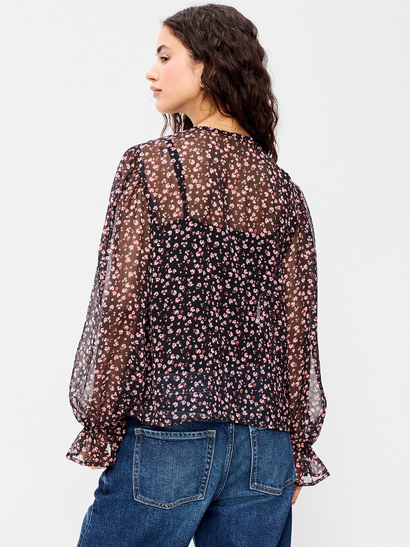 Chiffon Semi-Sheer Tie-Front Top