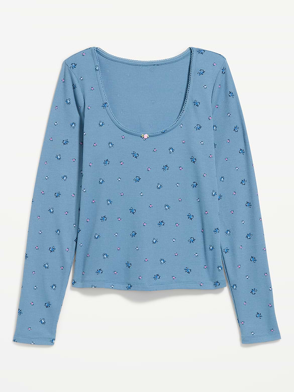 Waffle-Textured Long-Sleeve Pajama Top