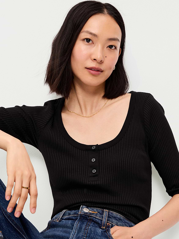 Scoop-Neck Fitted Henley Top