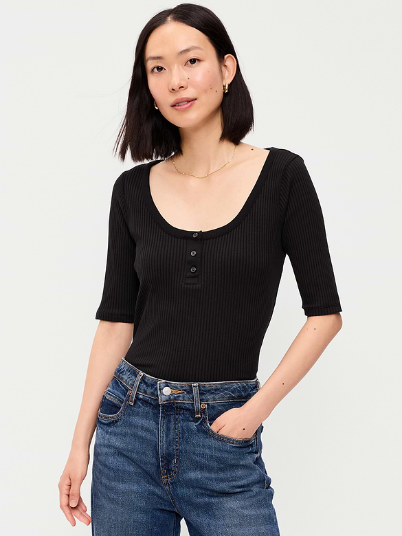 Scoop-Neck Fitted Henley Top