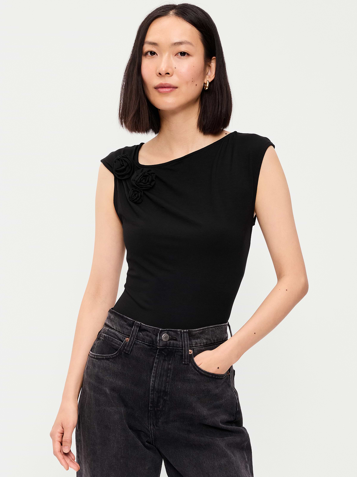 Gathered-Shoulder Rosette Top