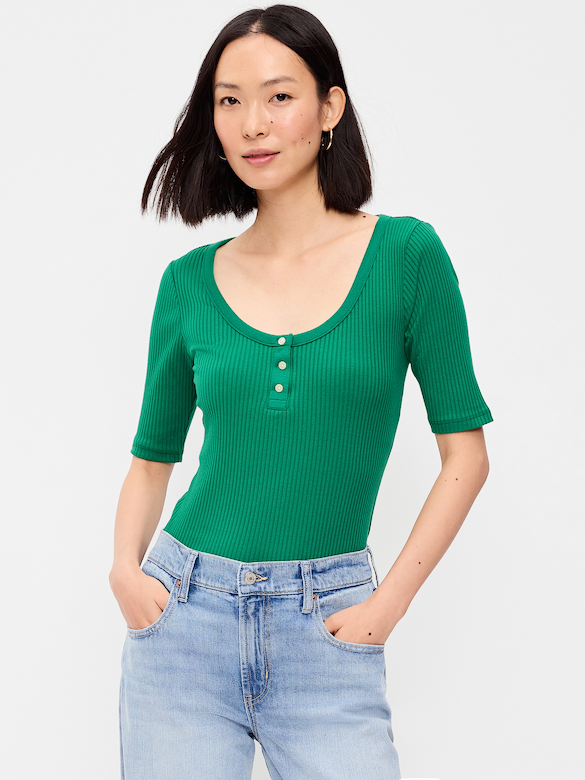 Scoop-Neck Fitted Henley Top
