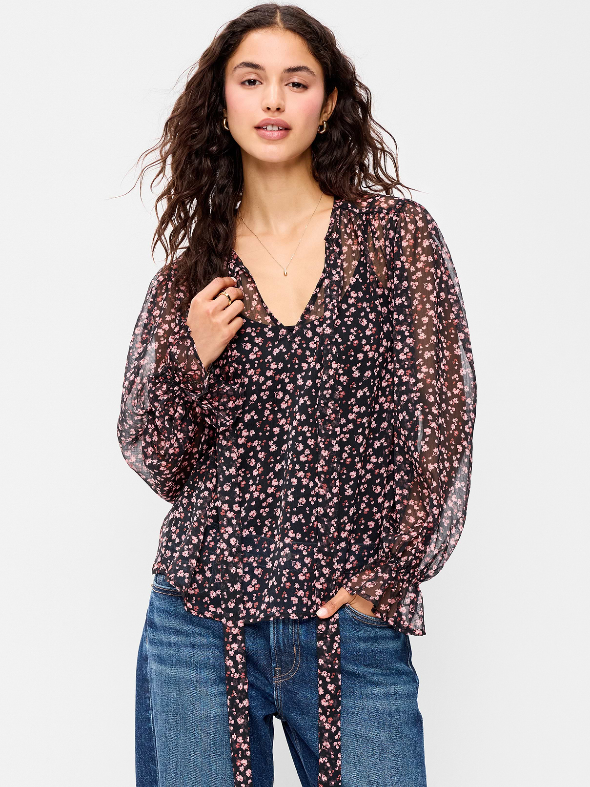 Chiffon Semi-Sheer Tie-Front Top