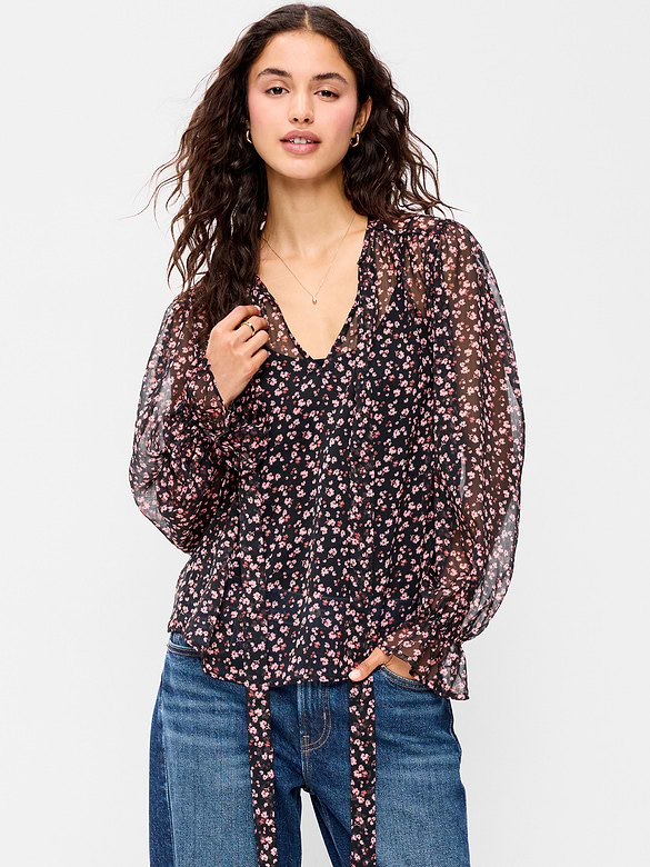 Chiffon Semi-Sheer Tie-Front Top