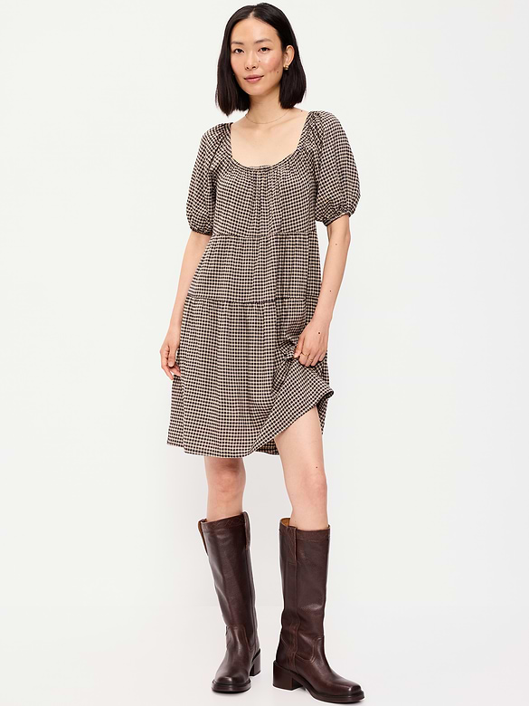 Puff-Sleeve Smocked Mini Swing Dress