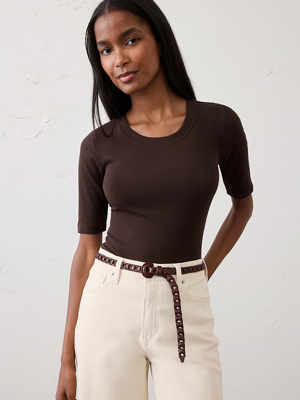 Ribbed Elbow-Sleeve T-Shirt