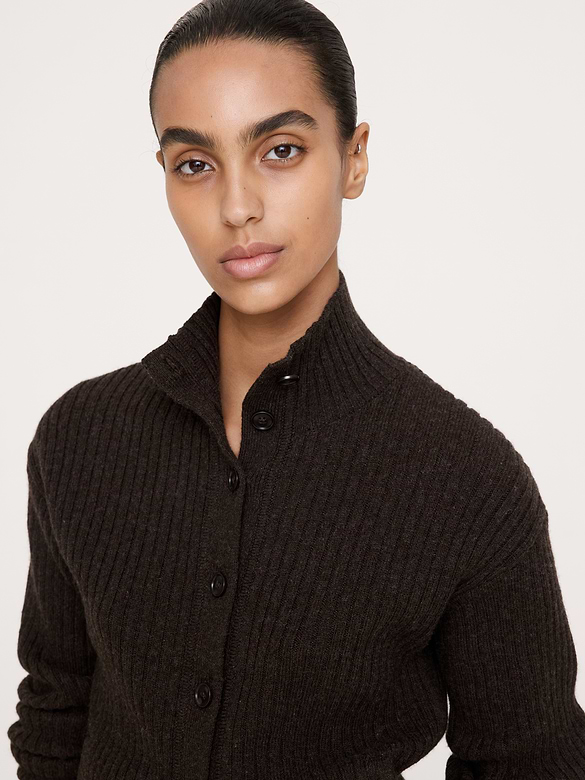 Merino-Cotton Mock Neck Cardigan
