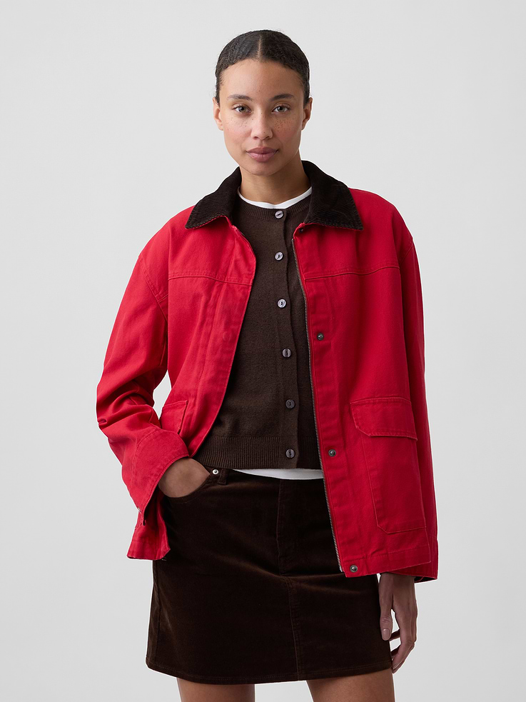Image 1 of 5, This product is part of our water-saving Washwell program. Compared with conventional wash methods, Washwell uses at least 20% less water., Smooth canvas weave., Dropped shoulder, long sleeves with snap cuffs., Smooth faux-leather or corduroy collar, snap front., Utility pockets at front., Product #1177945