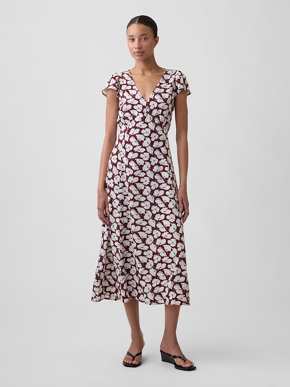Flutter Sleeve V-Neck Midi Dress