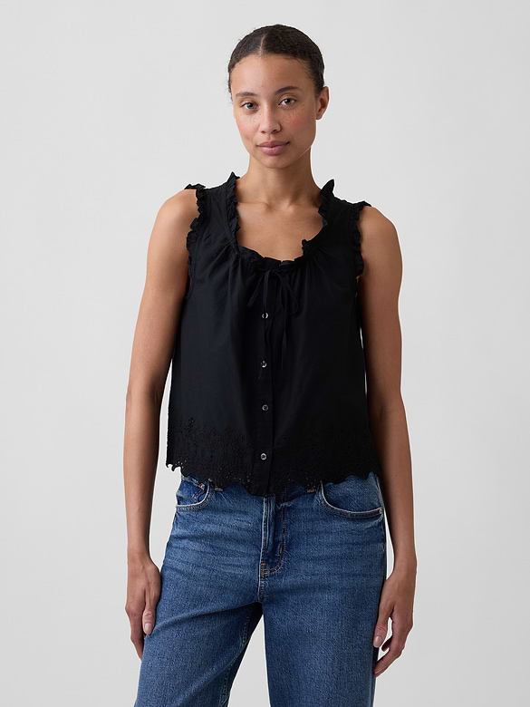 Relaxed Sleeveless Button-Up Top