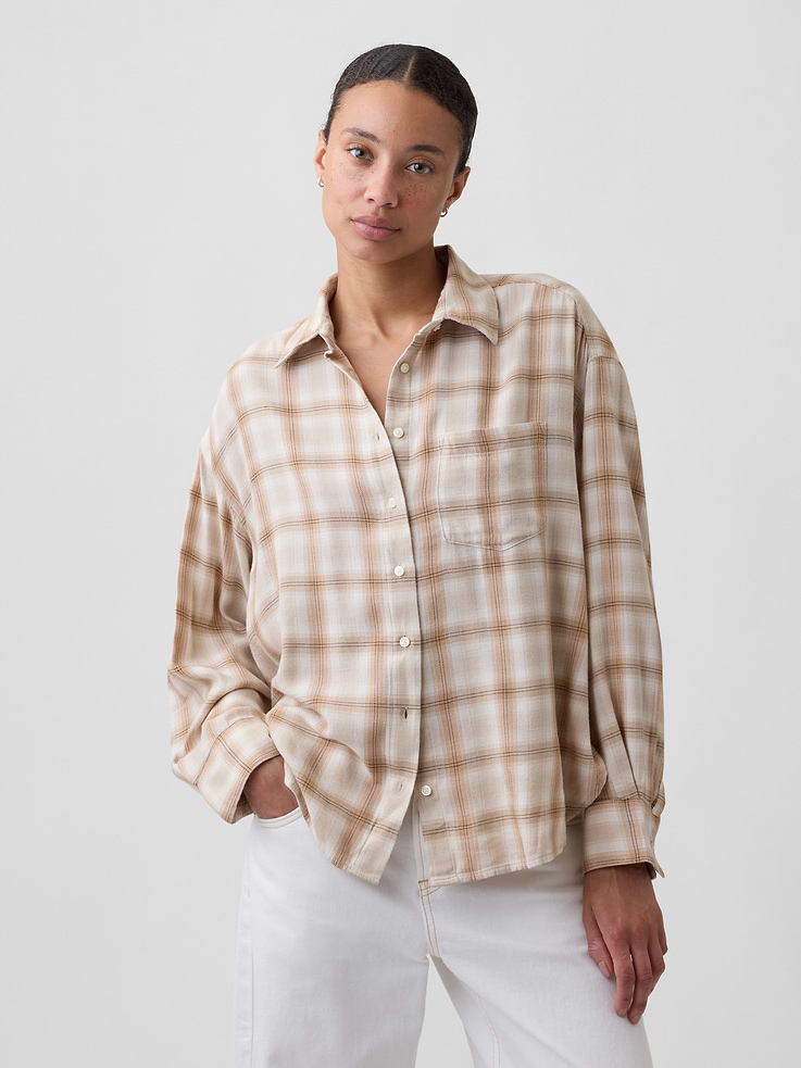 Image 1 of 5, Smooth flannel weave., Dropped shoulder, long sleeves with button cuffs., Spread collar, button front., Patch pocket at chest., Curved shirttail hem is slightly longer at back., Select styles have allover plaid., Product #1178556