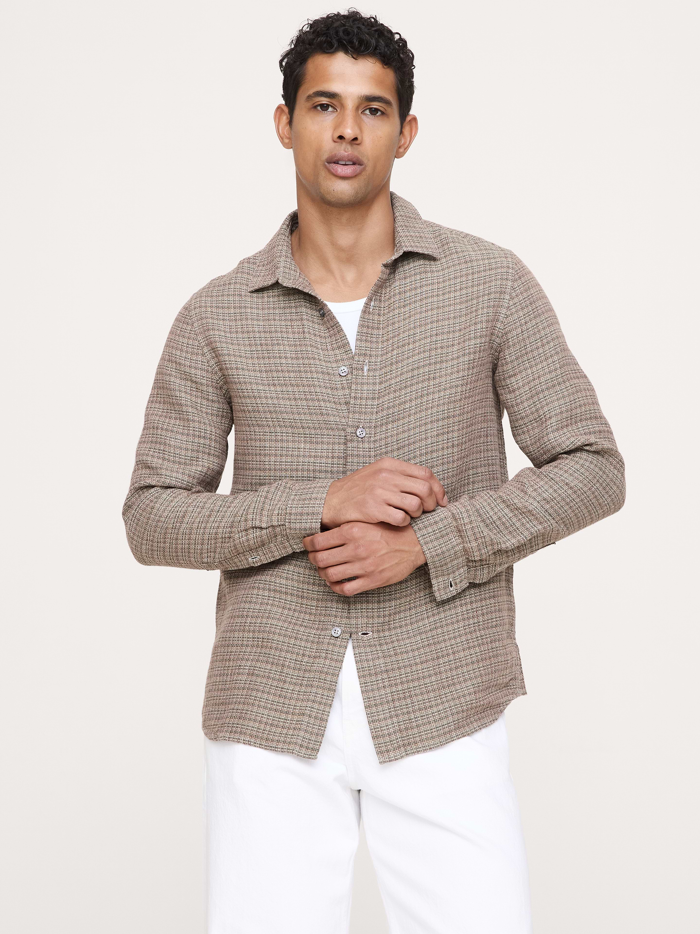 Image number 1 showing, Standard-Fit Textured Linen-Cotton Shirt