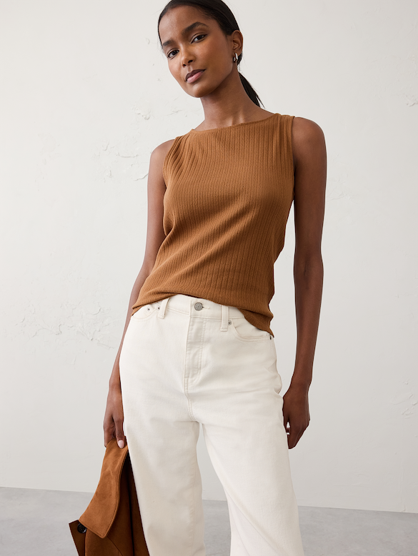 Pointelle Ribbed Boatneck Top