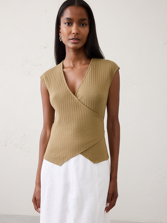 Pointelle Ribbed Wrap-Front Top
