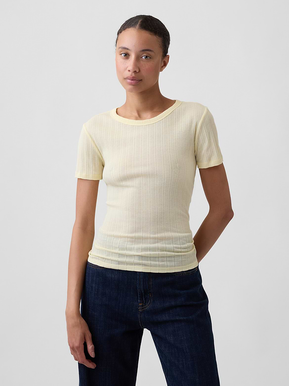 Ribbed Pointelle Crewneck T-Shirt