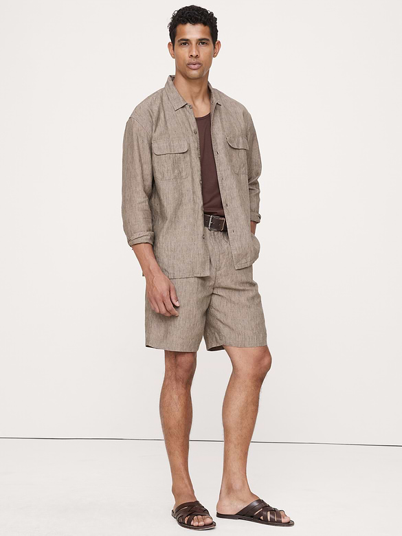 9" Pleated Linen-Cotton Pull-On Short