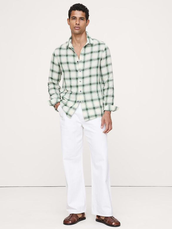 Chemise à coupe standard en lin et coton à carreaux