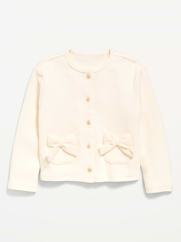 Cozy Ribbed Bow-Pocket Cardigan Sweater for Toddler Girls