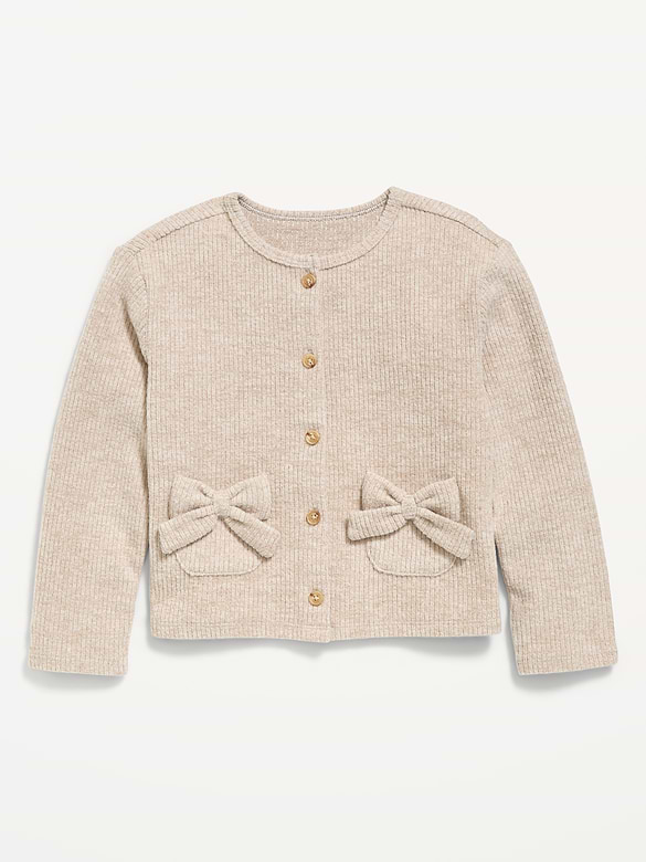 Cozy Ribbed Bow-Pocket Cardigan Sweater for Toddler Girls