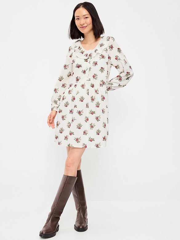 Long-Sleeve Ruffle-Collar Swing Mini Dress