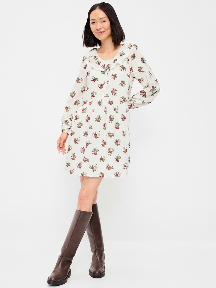 Image number 1 showing, Long-Sleeve Ruffle-Collar Swing Mini Dress