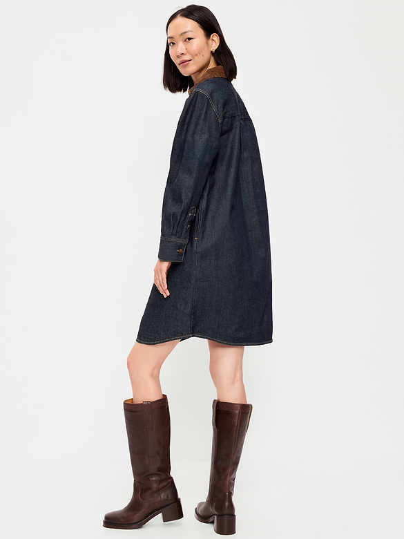 Long-Sleeve Denim Mini Shirt Dress