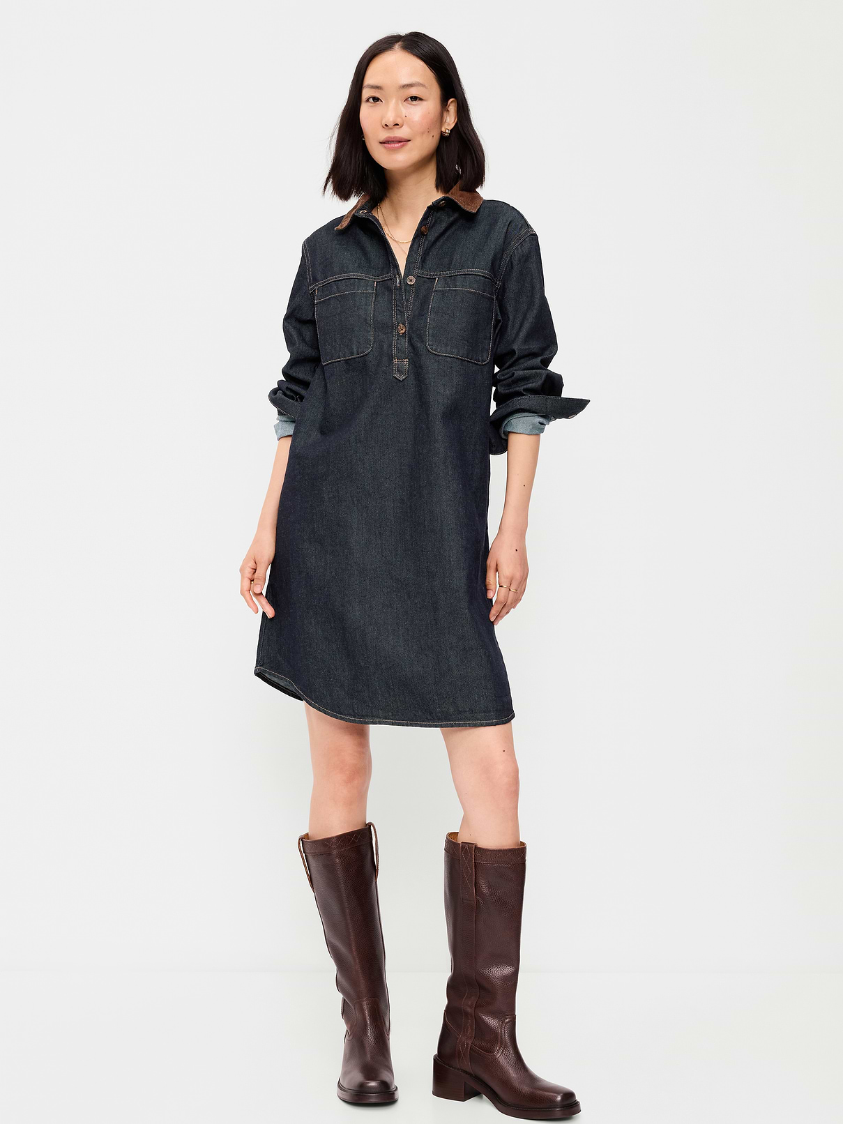Long-Sleeve Denim Mini Shirt Dress