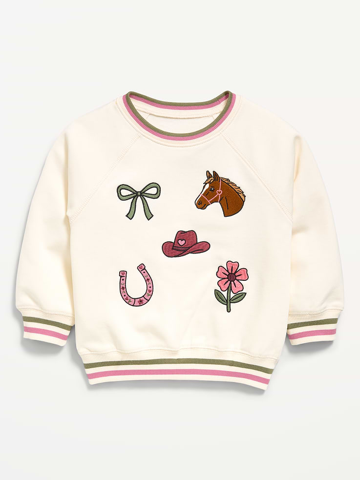 Image 1 of 2, crew neck, long raglan sleeves, embroidered graphic at front, Product #910327