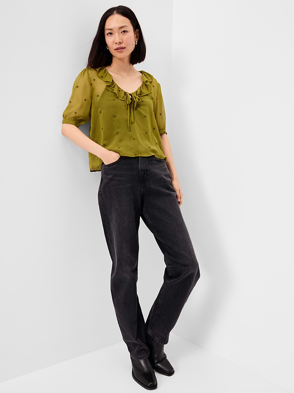 Sheer Ruffle Collar Tie-Front Chiffon Top