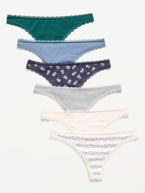 6-Pack Low-Rise Lace-Trim Cotton Thongs
