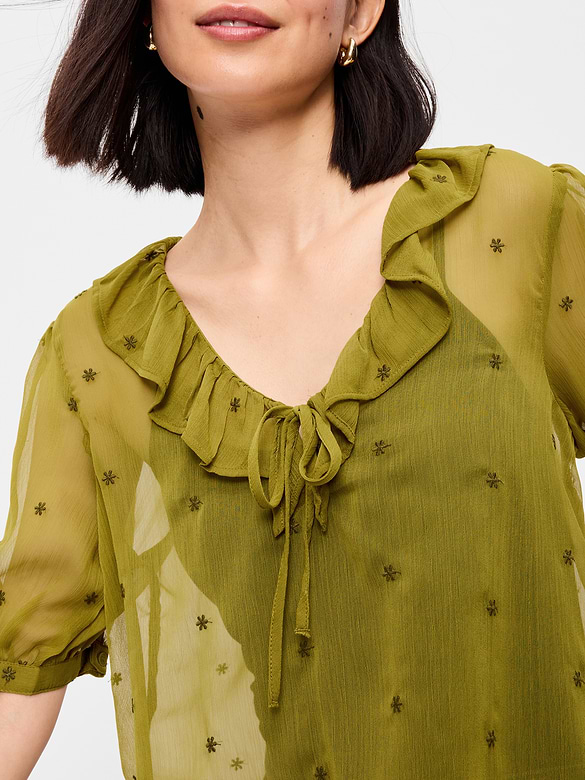 Sheer Ruffle Collar Tie-Front Chiffon Top