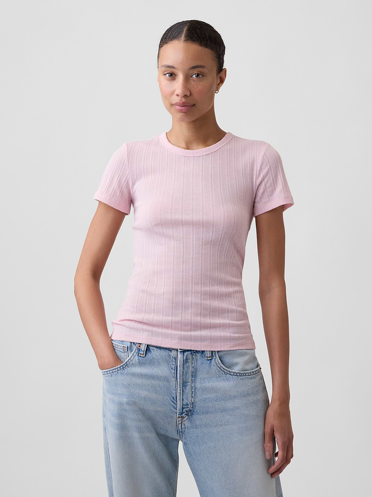Image number 1 showing, Essential Ribbed Pointelle Crewneck T-Shirt