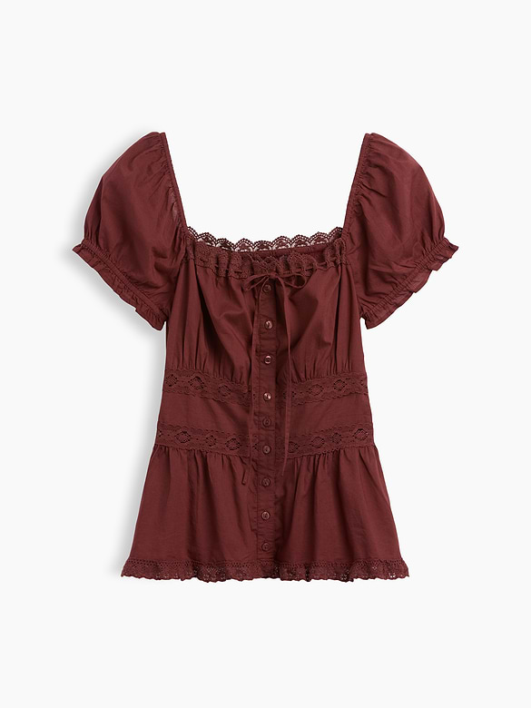Square-Neck Lace-Trim Peplum Top