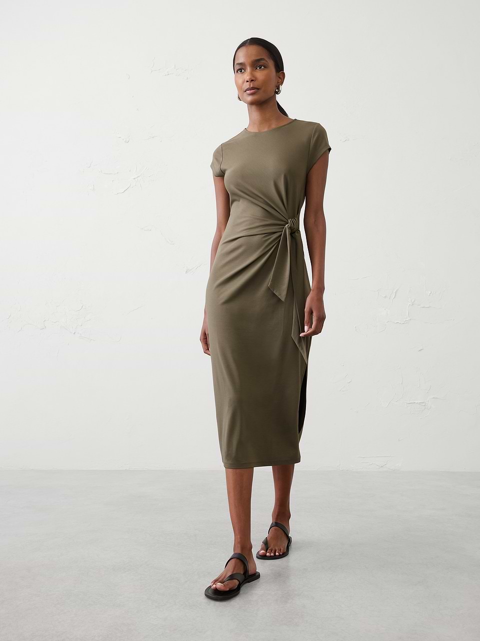 banana republic knit midi dress Women's Side-Tie Dark Olive Regular Size L draped dress