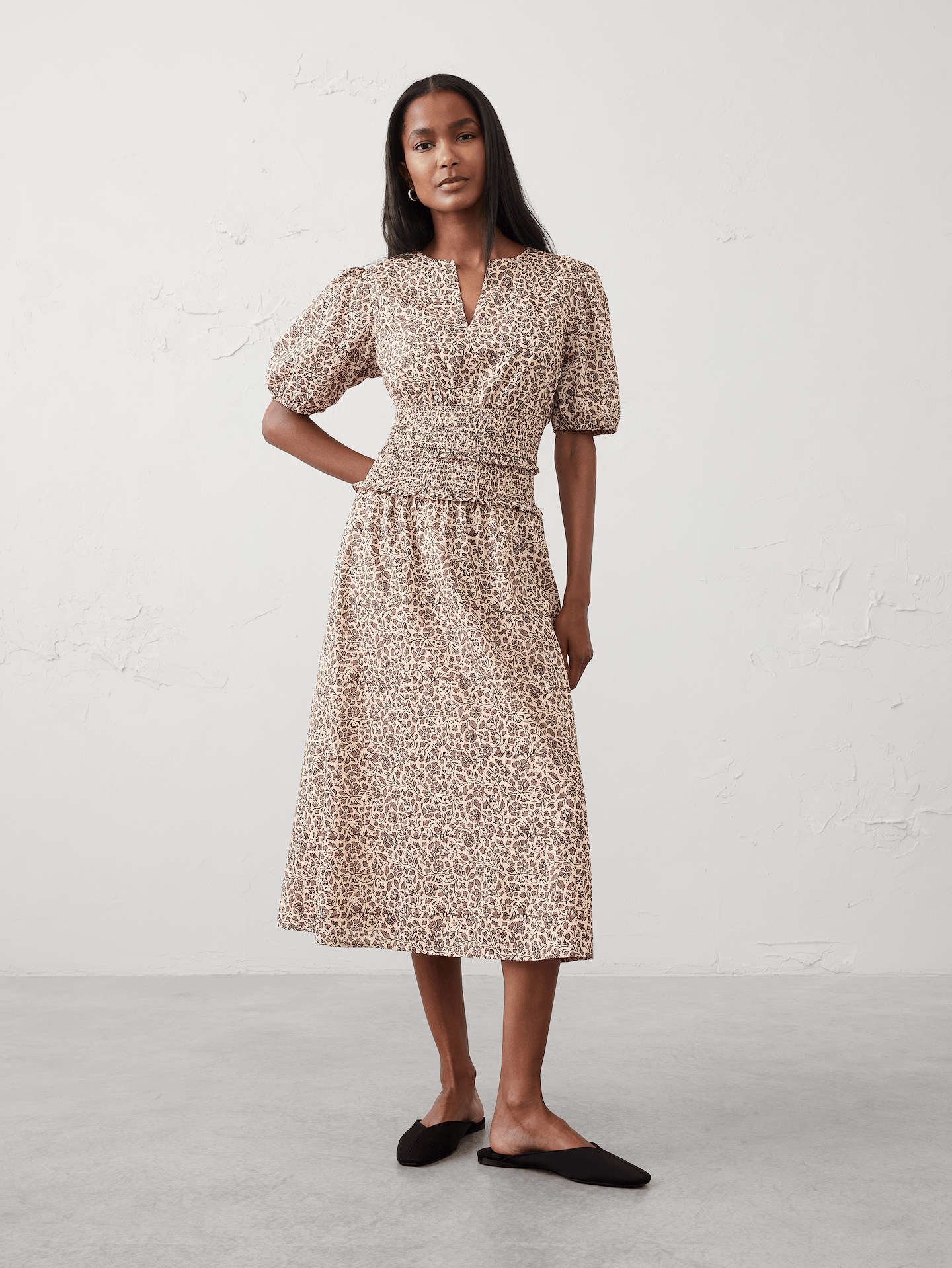 Image number 1 showing, Puff-Sleeve Smocked-Waist Midi Dress
