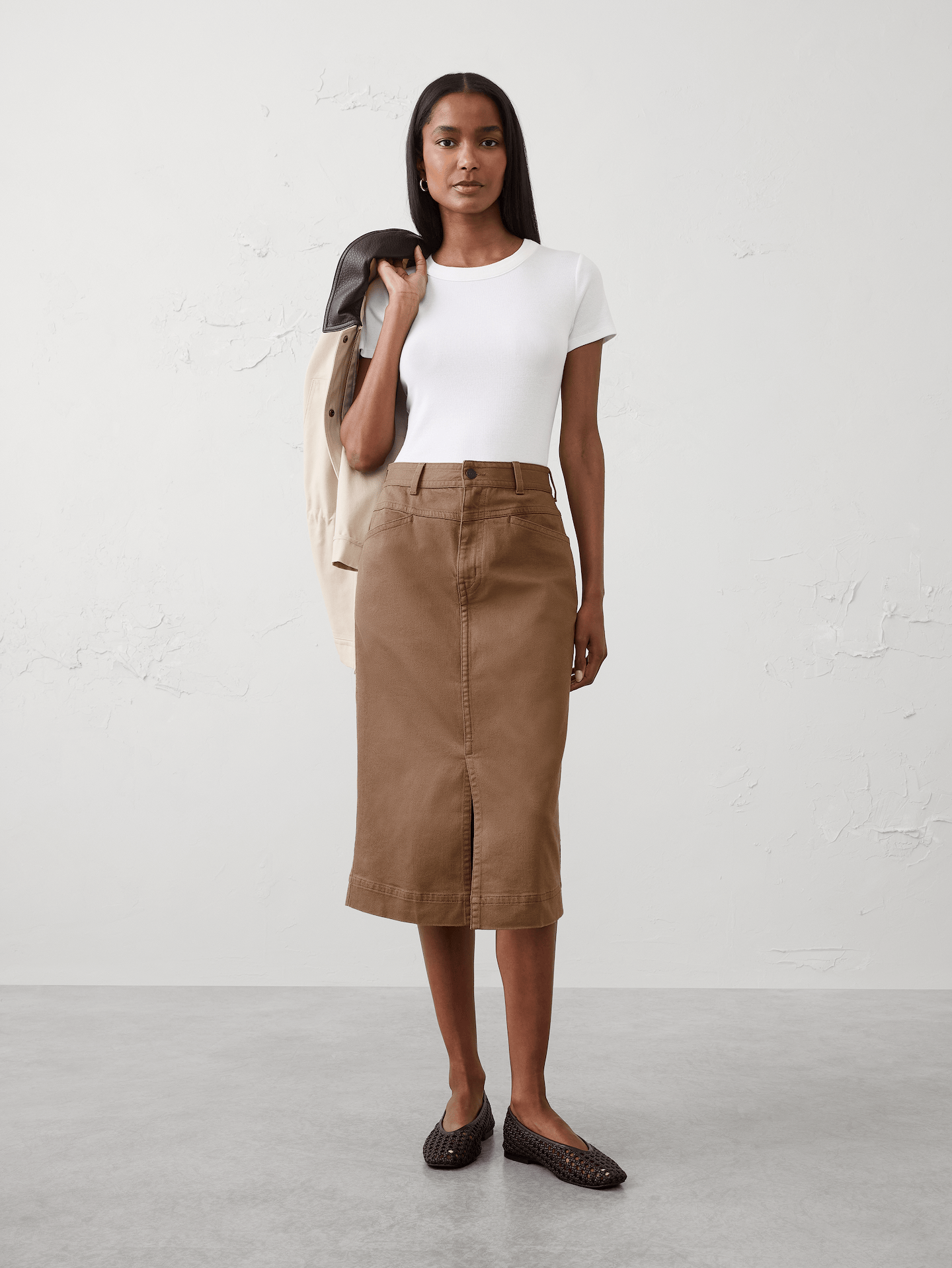 Image number 1 showing, Denim Slit-Front Midi Skirt