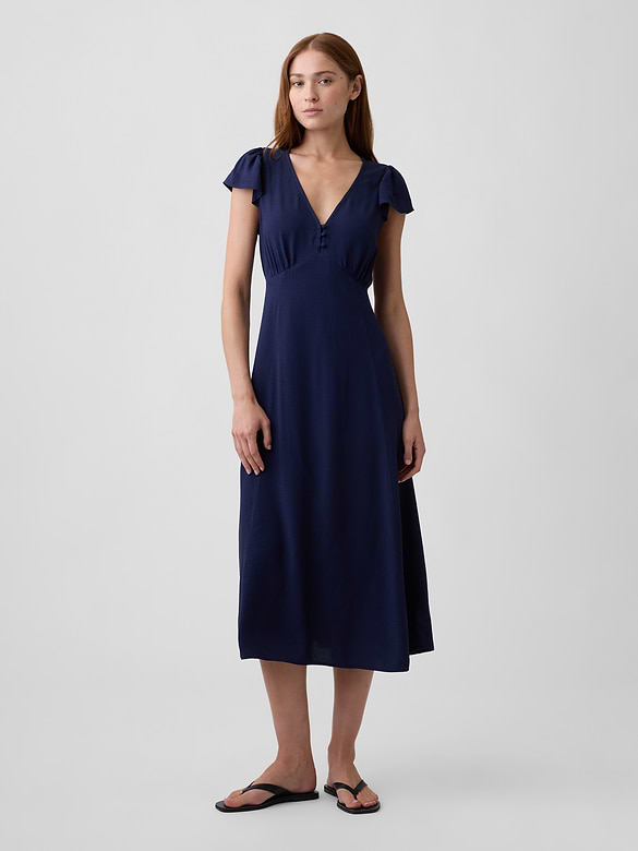 Flutter Sleeve V-Neck Midi Dress