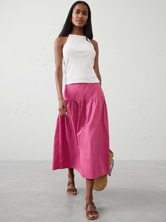 Poplin Drop-Waist Midi Skirt